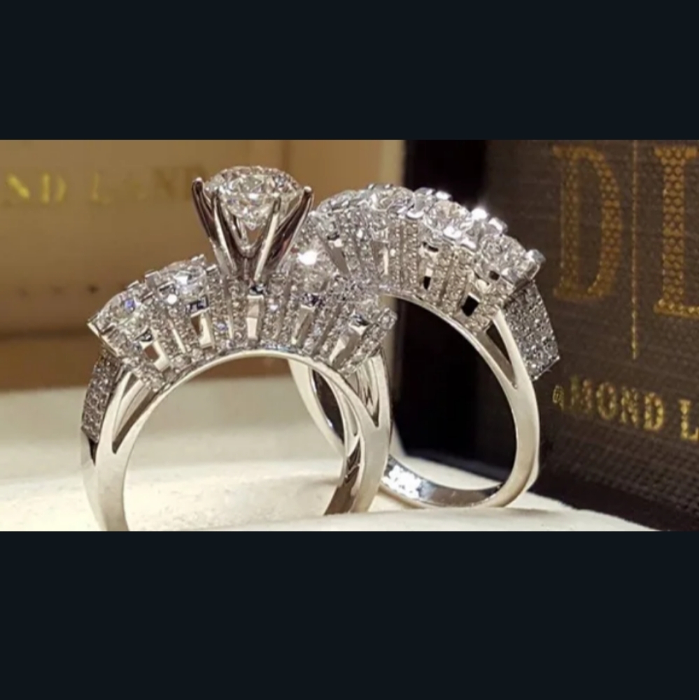 Two piece engagement rings set silver rhinestone encrusted pick your side sizes